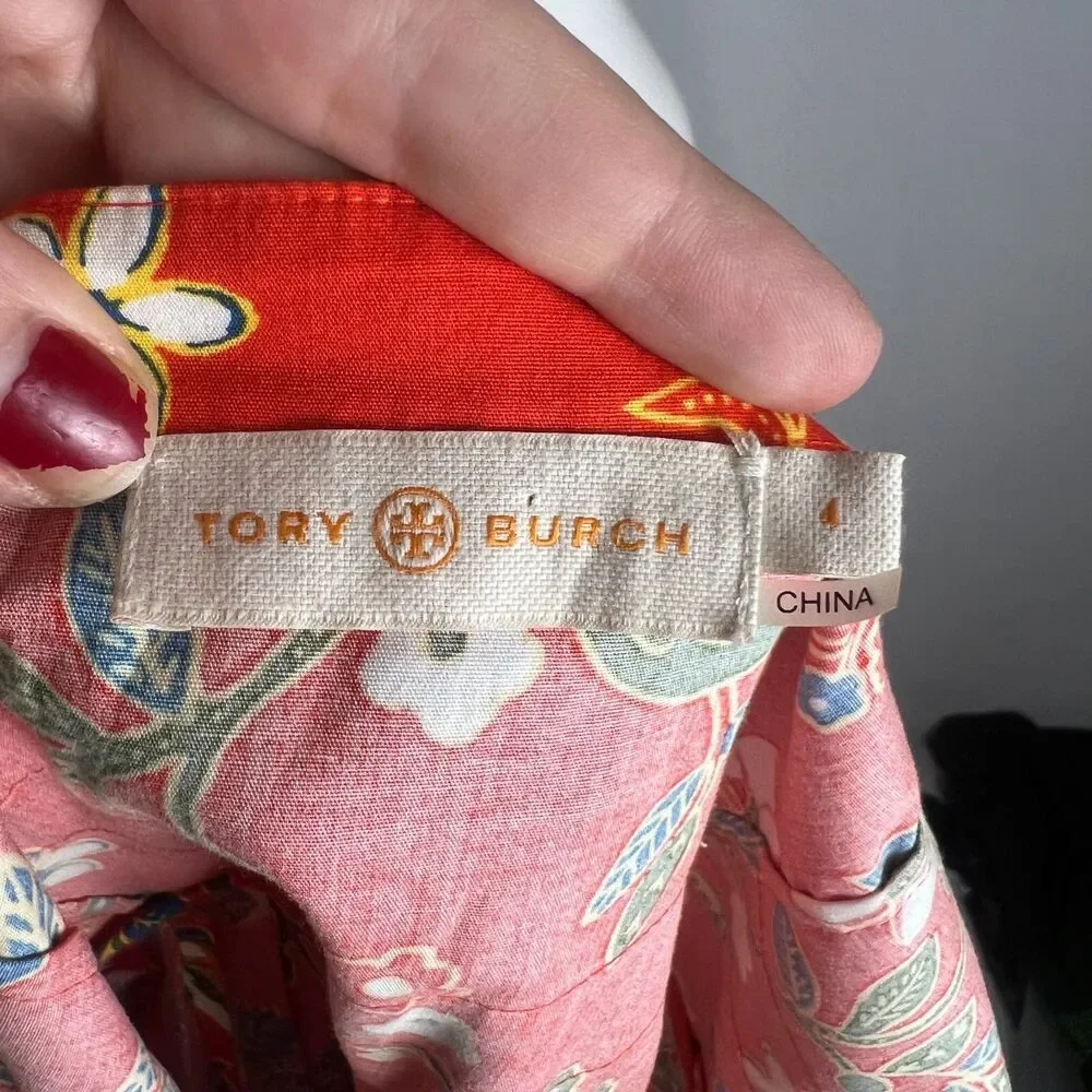 Tory Burch Fernanda Samba Batik Tomato Red Floral Summer Dress Size 4